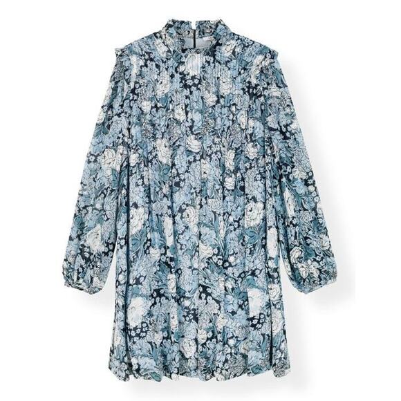 GANNI Elm Georgette Mini Dress Blue Floral Size 40 Long Sleeve Modest Viscose - Picture 2 of 13